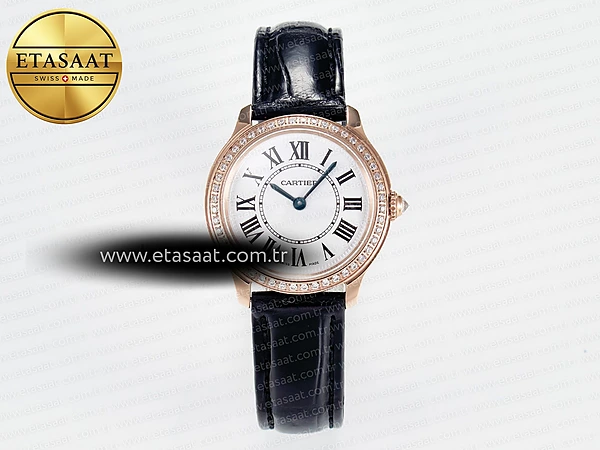 Cartier Ronde de Cartier 29mm Siyah Kadran Rose Gold Kasa Deri Kordon DRF Swiss Quartz Super Clone ETA – Ön Cephe Kadran ve Kasa Görünümü
