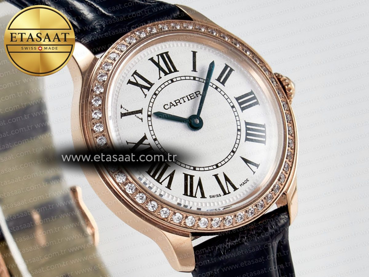 Cartier Ronde Louis Cartier 29mm RG DRF 1:1 Best Edition Sandblasted Beige Dial Diamonds Bezel on Black Leather Strap Ronda Quartz - Görsel 5