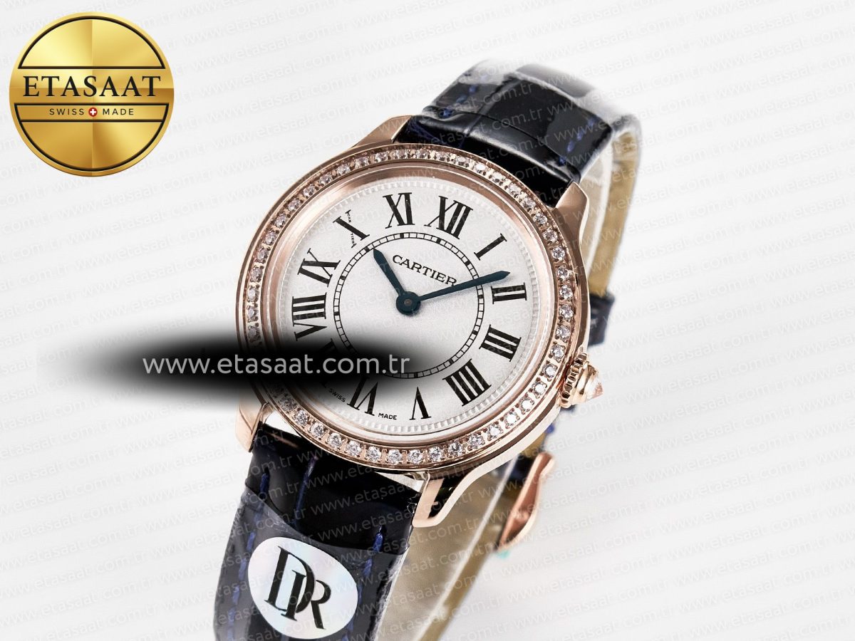 Cartier Ronde Louis Cartier 29mm RG DRF 1:1 Best Edition Sandblasted Beige Dial Diamonds Bezel on Blue Leather Strap Ronda Quartz - Görsel 1