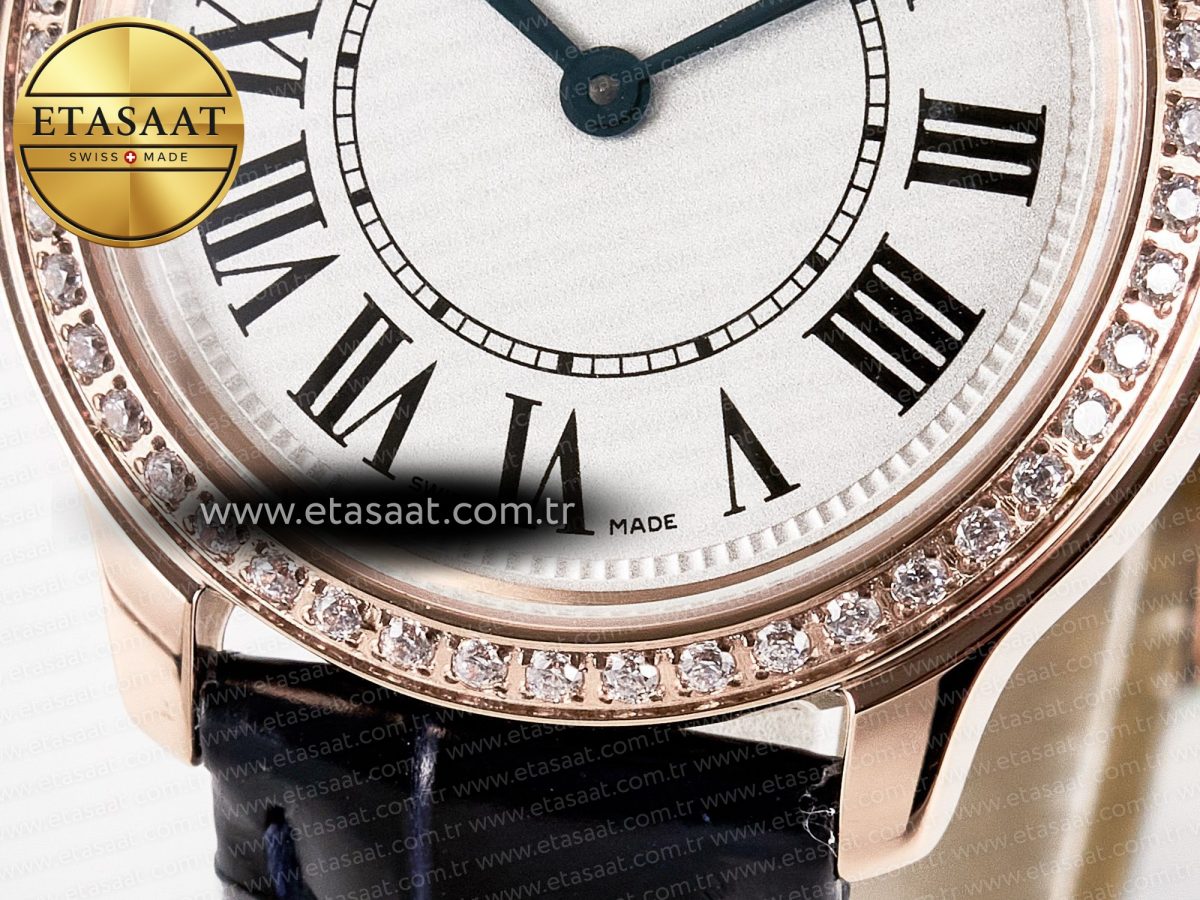 Cartier Ronde Louis Cartier 29mm RG DRF 1:1 Best Edition Sandblasted Beige Dial Diamonds Bezel on Blue Leather Strap Ronda Quartz - Görsel 13
