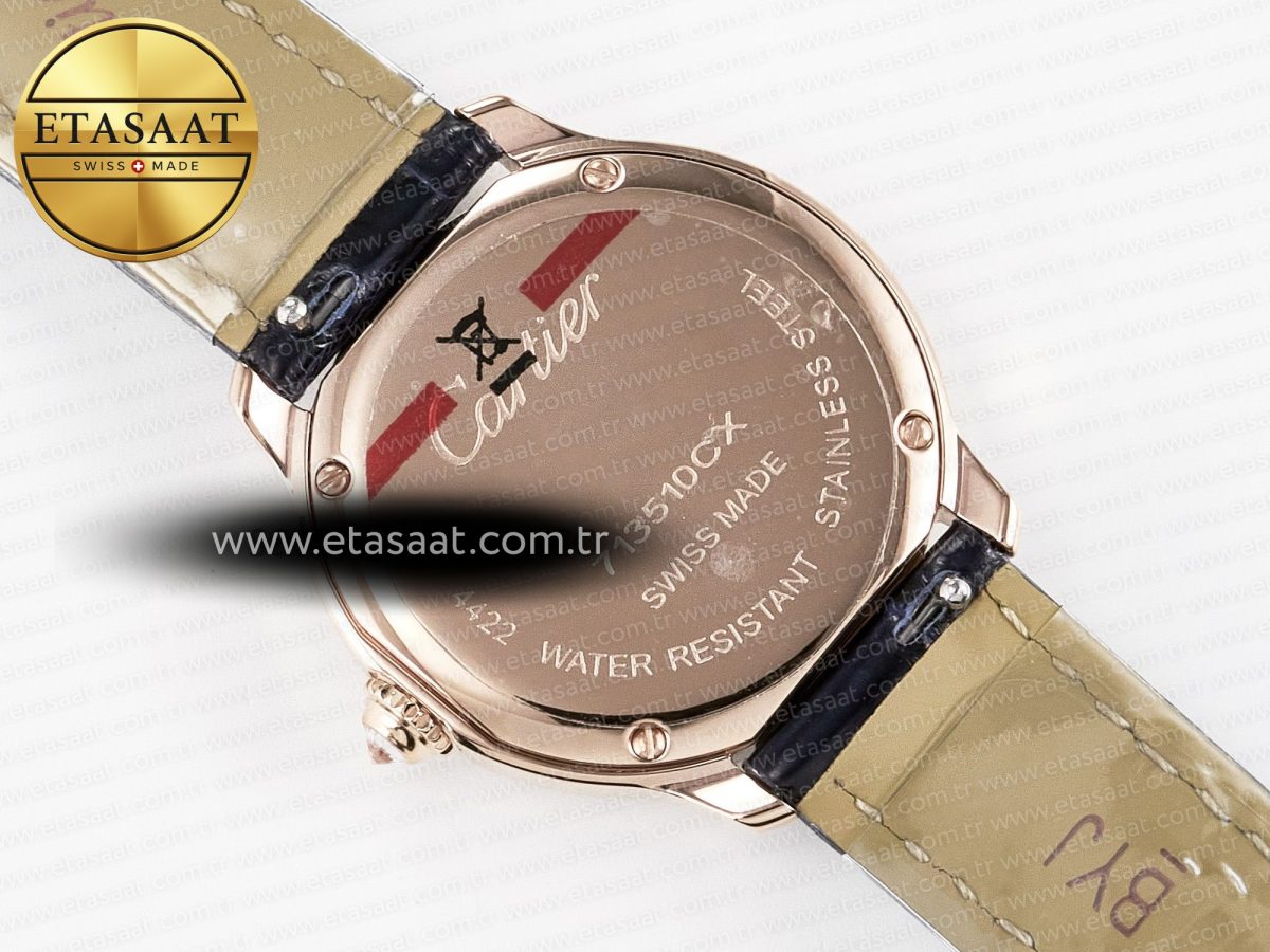 Cartier Ronde Louis Cartier 29mm RG DRF 1:1 Best Edition Sandblasted Beige Dial Diamonds Bezel on Blue Leather Strap Ronda Quartz - Görsel 17