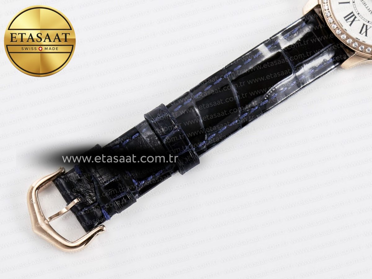 Cartier Ronde Louis Cartier 29mm RG DRF 1:1 Best Edition Sandblasted Beige Dial Diamonds Bezel on Blue Leather Strap Ronda Quartz - Görsel 19