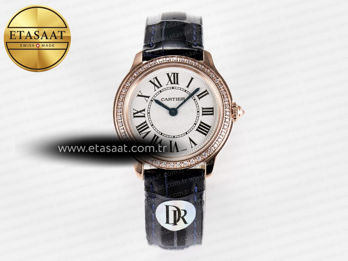 Cartier Ronde Louis Cartier 29mm RG DRF 1:1 Best Edition Sandblasted Beige Dial Diamonds Bezel on Blue Leather Strap Ronda Quartz - Görsel 3