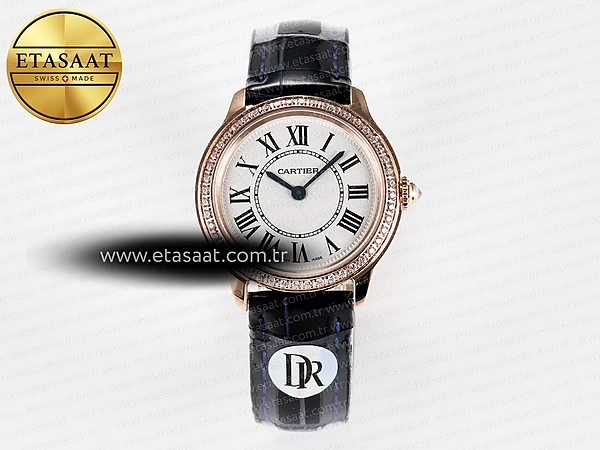 Cartier Ronde de Cartier 29mm Mavi Kadran Rose Gold Kasa Deri Kordon DRF Swiss Quartz Super Clone ETA – Ön Cephe Kadran ve Kasa Görünümü