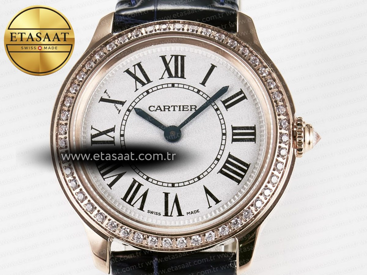 Cartier Ronde Louis Cartier 29mm RG DRF 1:1 Best Edition Sandblasted Beige Dial Diamonds Bezel on Blue Leather Strap Ronda Quartz - Görsel 4