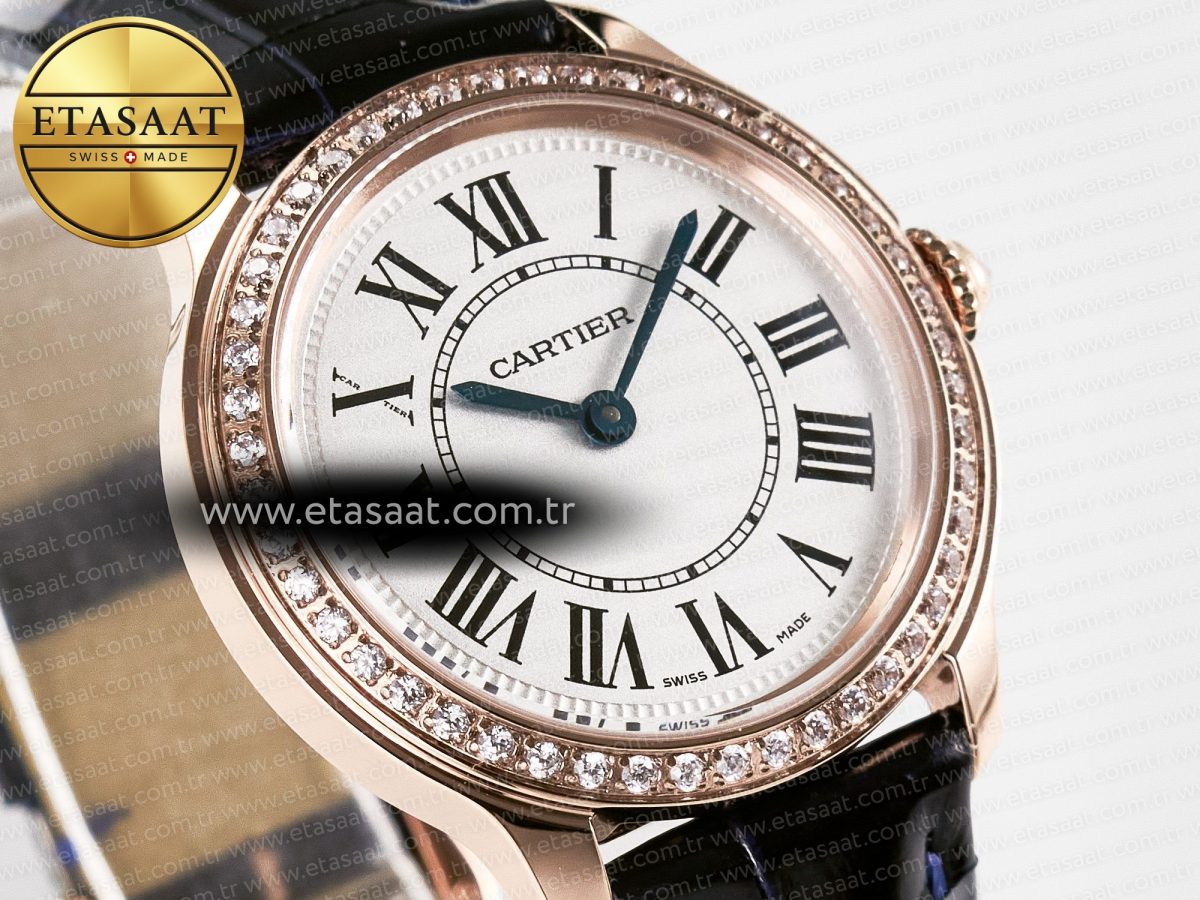 Cartier Ronde Louis Cartier 29mm RG DRF 1:1 Best Edition Sandblasted Beige Dial Diamonds Bezel on Blue Leather Strap Ronda Quartz - Görsel 5