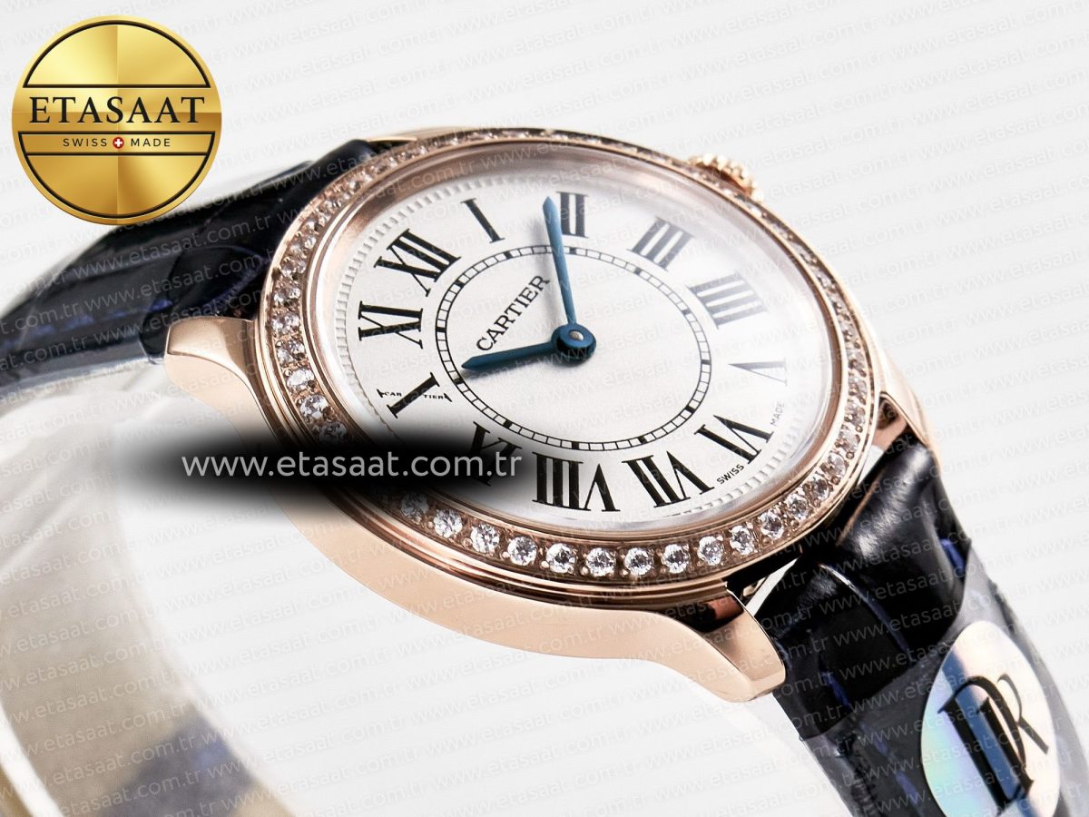 Cartier Ronde Louis Cartier 29mm RG DRF 1:1 Best Edition Sandblasted Beige Dial Diamonds Bezel on Blue Leather Strap Ronda Quartz - Görsel 7