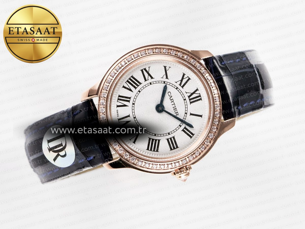 Cartier Ronde Louis Cartier 29mm RG DRF 1:1 Best Edition Sandblasted Beige Dial Diamonds Bezel on Blue Leather Strap Ronda Quartz - Görsel 8