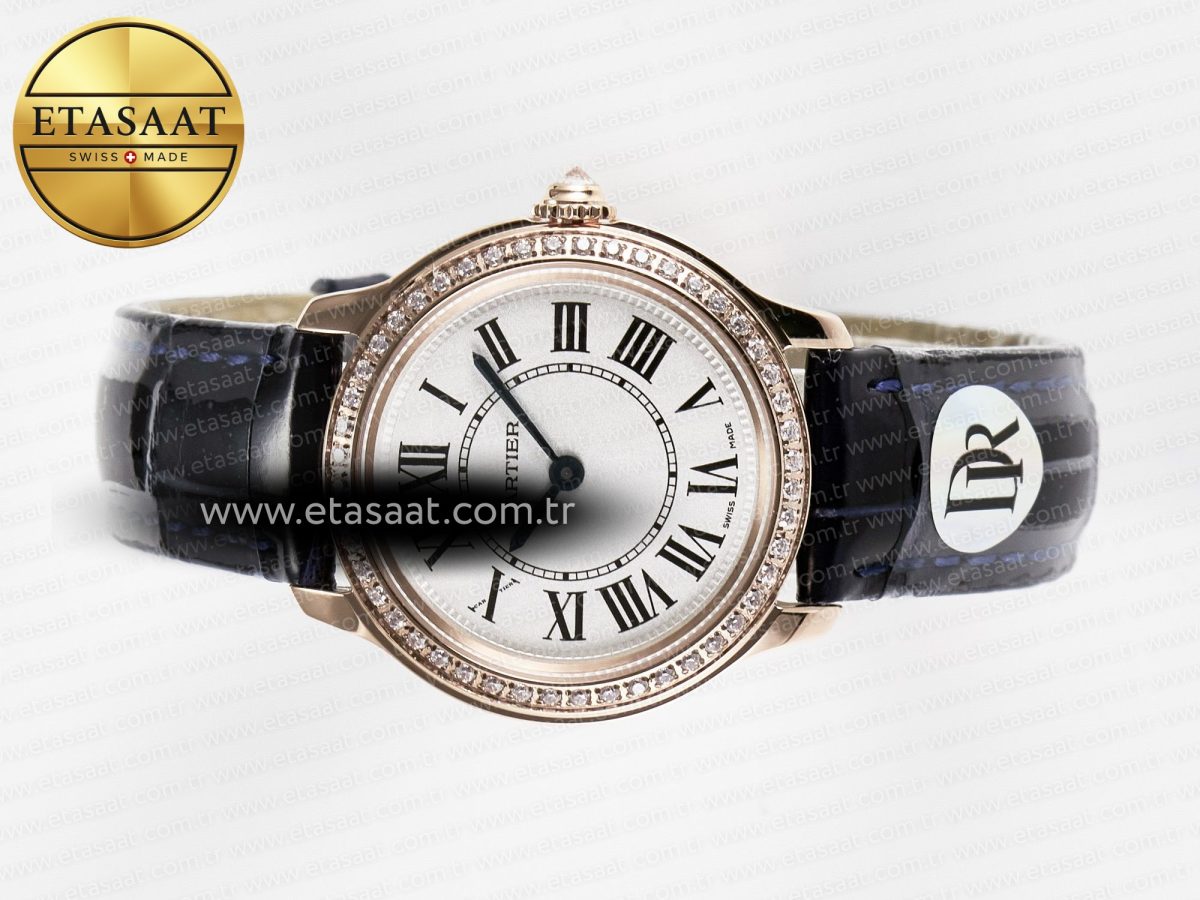 Cartier Ronde Louis Cartier 29mm RG DRF 1:1 Best Edition Sandblasted Beige Dial Diamonds Bezel on Blue Leather Strap Ronda Quartz - Görsel 9