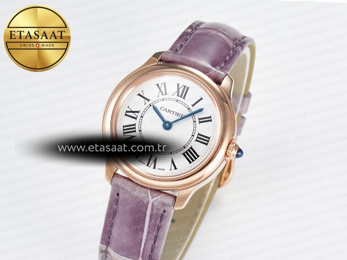 Cartier Ronde Louis Cartier 29mm RG DRF 1:1 Best Edition Sandblasted Beige Dial on Purple Leather Strap Ronda Quartz - Görsel 1
