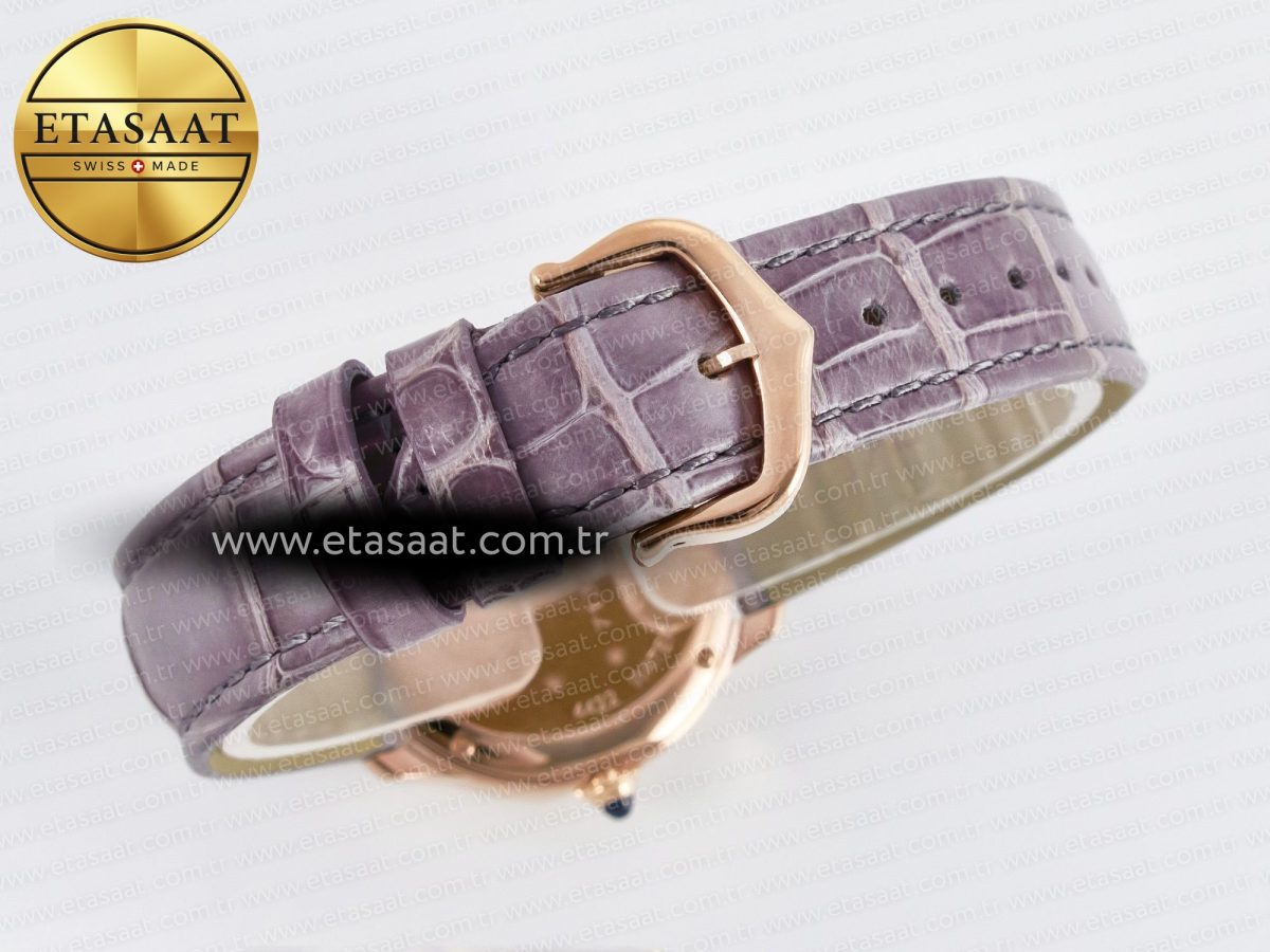 Cartier Ronde Louis Cartier 29mm RG DRF 1:1 Best Edition Sandblasted Beige Dial on Purple Leather Strap Ronda Quartz - Görsel 14