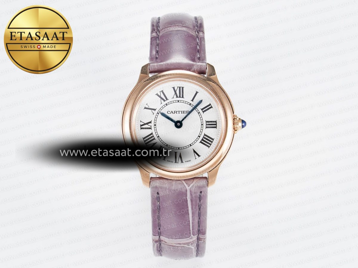 Cartier Ronde Louis Cartier 29mm RG DRF 1:1 Best Edition Sandblasted Beige Dial on Purple Leather Strap Ronda Quartz - Görsel 3