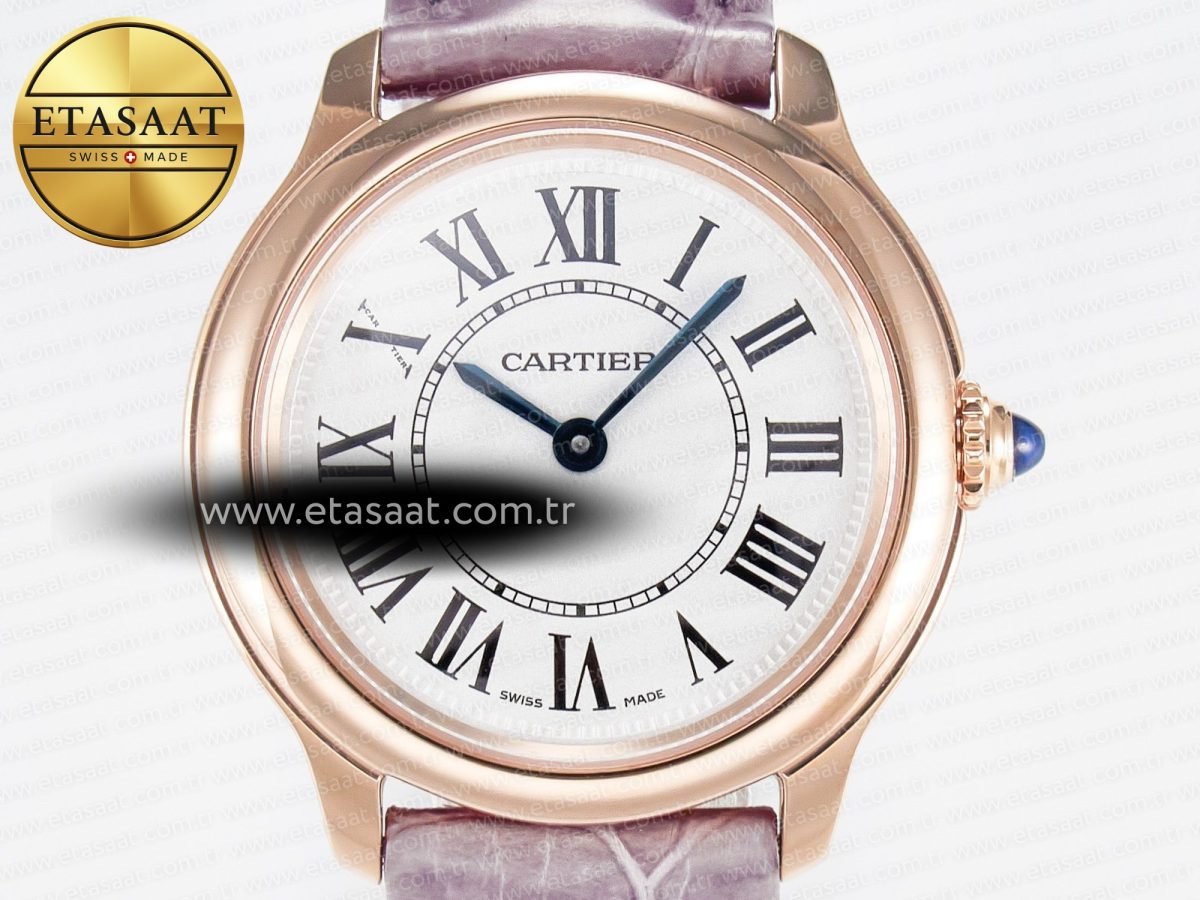 Cartier Ronde Louis Cartier 29mm RG DRF 1:1 Best Edition Sandblasted Beige Dial on Purple Leather Strap Ronda Quartz - Görsel 4