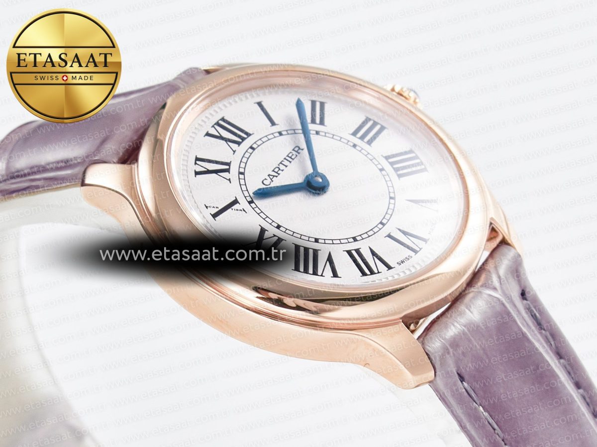 Cartier Ronde Louis Cartier 29mm RG DRF 1:1 Best Edition Sandblasted Beige Dial on Purple Leather Strap Ronda Quartz - Görsel 7