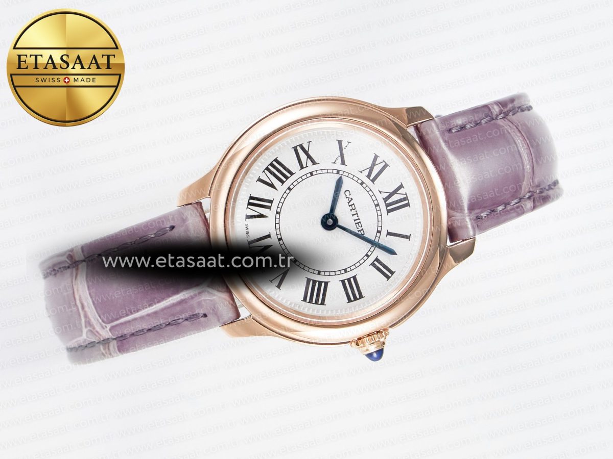 Cartier Ronde Louis Cartier 29mm RG DRF 1:1 Best Edition Sandblasted Beige Dial on Purple Leather Strap Ronda Quartz - Görsel 8