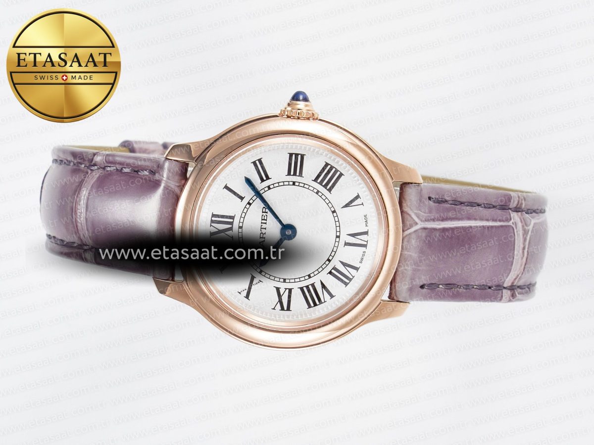 Cartier Ronde Louis Cartier 29mm RG DRF 1:1 Best Edition Sandblasted Beige Dial on Purple Leather Strap Ronda Quartz - Görsel 9