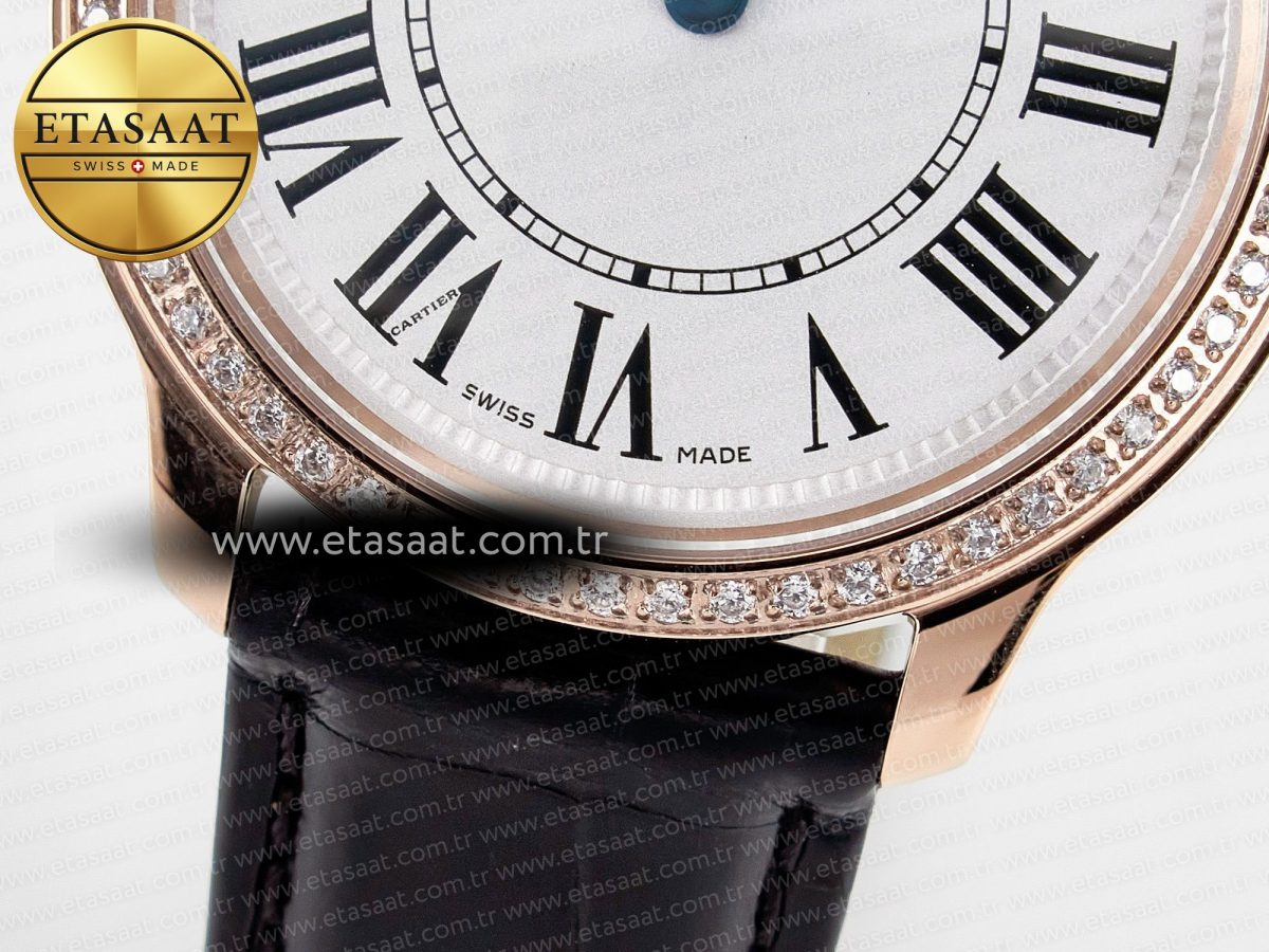 Cartier Ronde Louis Cartier 36mm RG DRF 1:1 Best Edition Sandblasted Beige Dial Diamonds Bezel on Black Leather Strap Ronda Quartz - Görsel 11