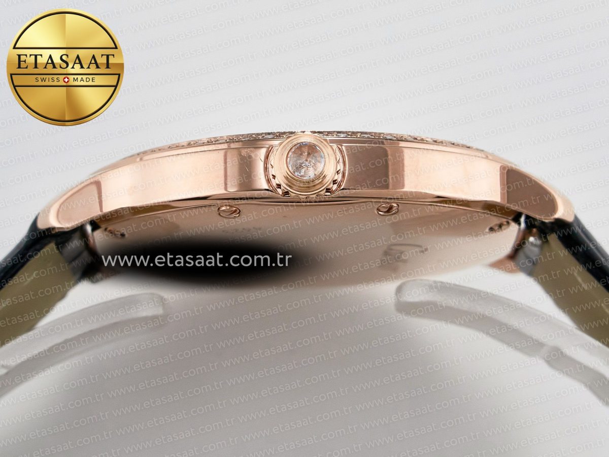 Cartier Ronde Louis Cartier 36mm RG DRF 1:1 Best Edition Sandblasted Beige Dial Diamonds Bezel on Black Leather Strap Ronda Quartz - Görsel 13