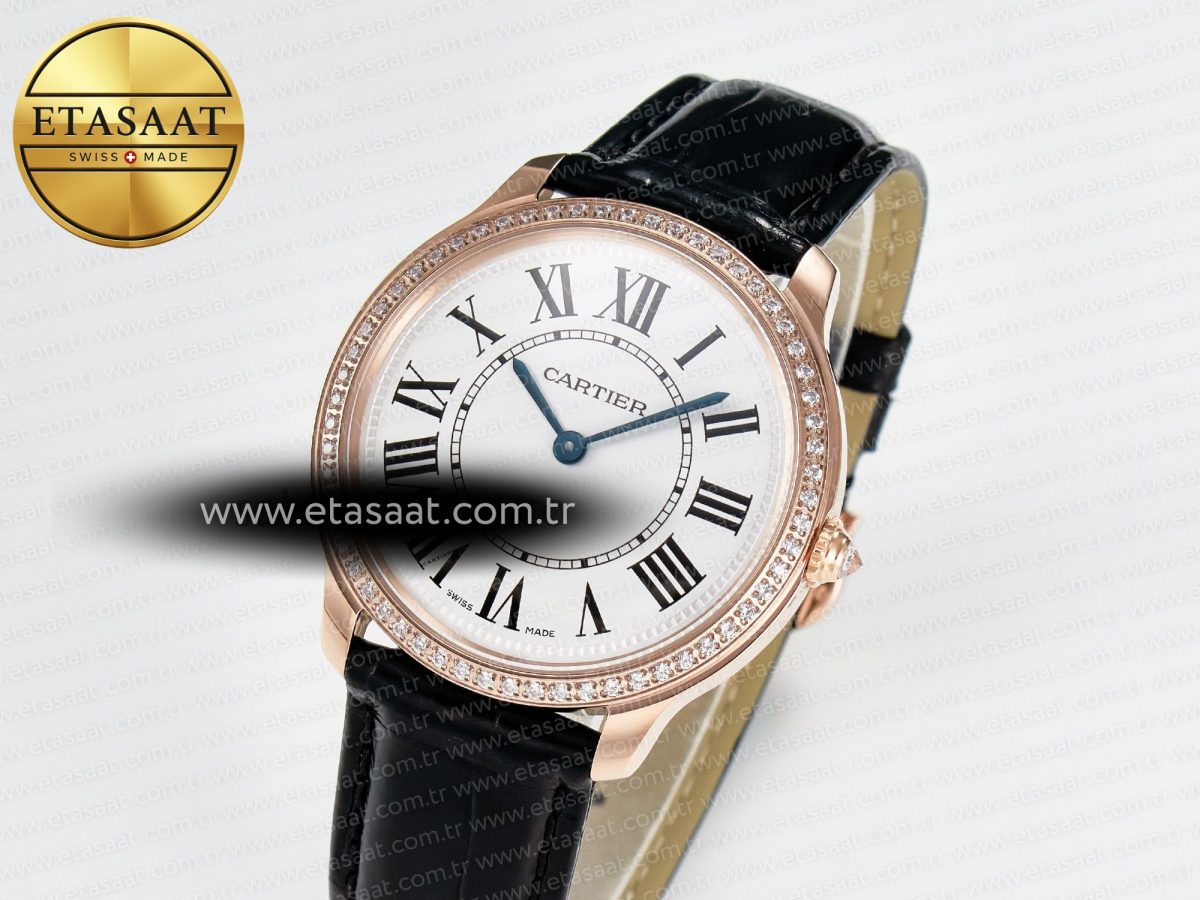 Cartier Ronde Louis Cartier 36mm RG DRF 1:1 Best Edition Sandblasted Beige Dial Diamonds Bezel on Black Leather Strap Ronda Quartz - Görsel 2