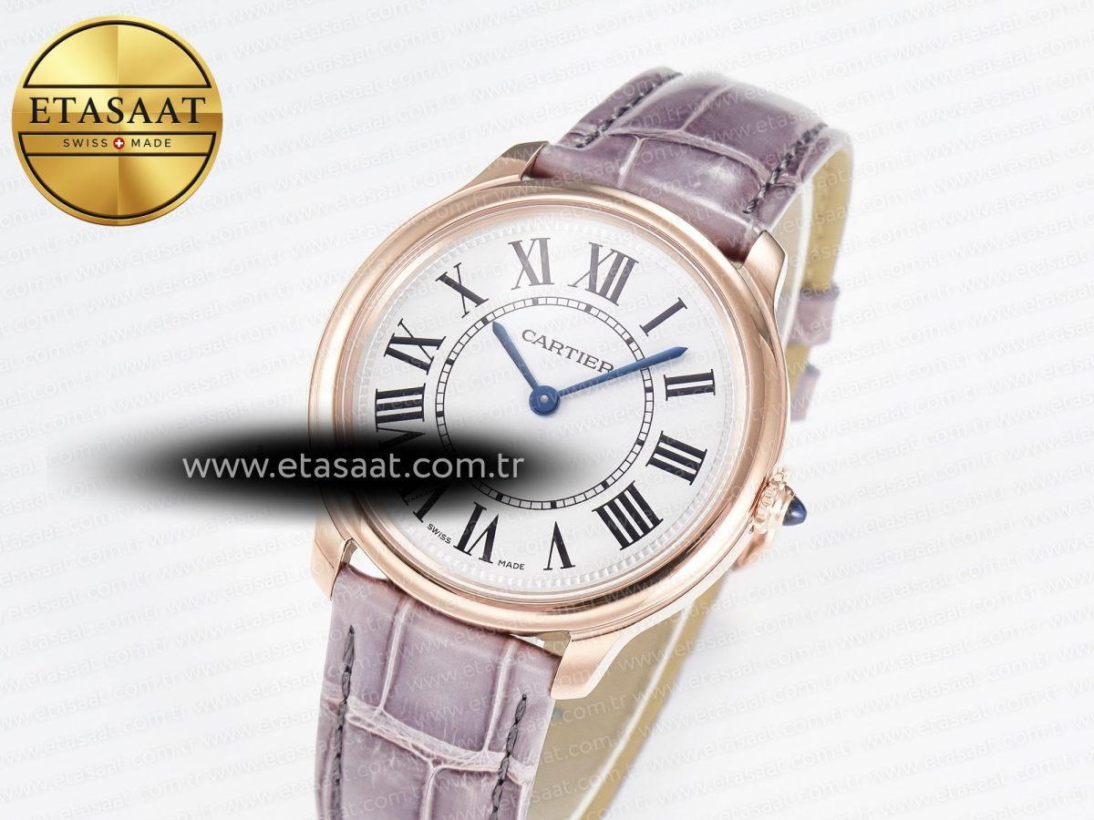 Cartier Ronde Louis Cartier 36mm RG DRF 1:1 Best Edition Sandblasted Beige Dial on Purple Leather Strap Ronda Quartz - Görsel 1
