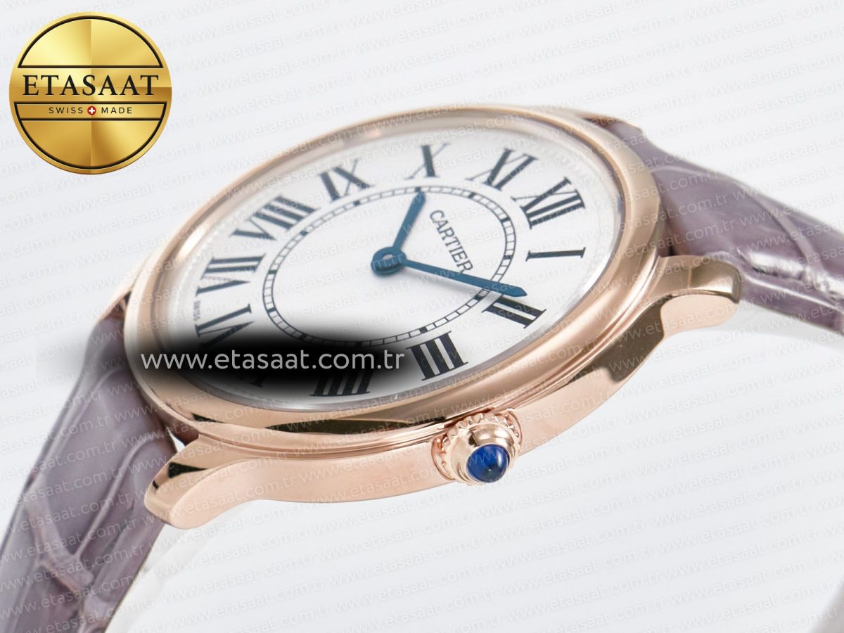 Cartier Ronde Louis Cartier 36mm RG DRF 1:1 Best Edition Sandblasted Beige Dial on Purple Leather Strap Ronda Quartz - Görsel 6