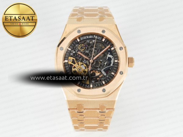Audemars Piguet Royal Oak 41mm İskelet 15407 RG ZF A3132 Eta Saat - 1:1 Süper Klon Replika Saat