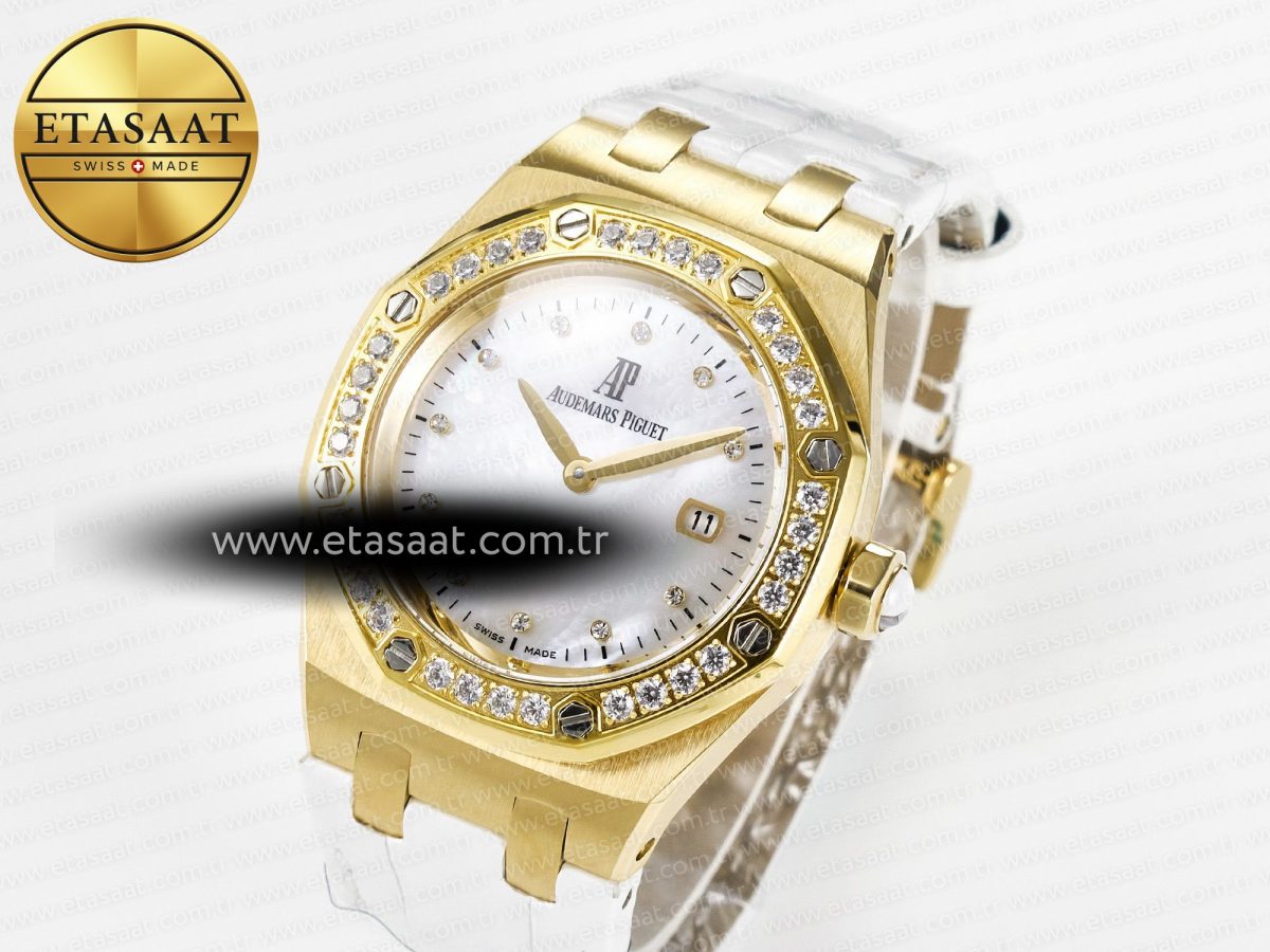 Audemars Piguet Royal Oak Ladies 33mm YG DRF Best Edition MOP Dial Diamonds Bezel on White Rubber Strap ETA Quartz - Görsel 1