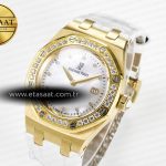 Audemars Piguet Royal Oak Ladies 33mm YG DRF Best Edition MOP Dial Diamonds Bezel on White Rubber Strap ETA Quartz