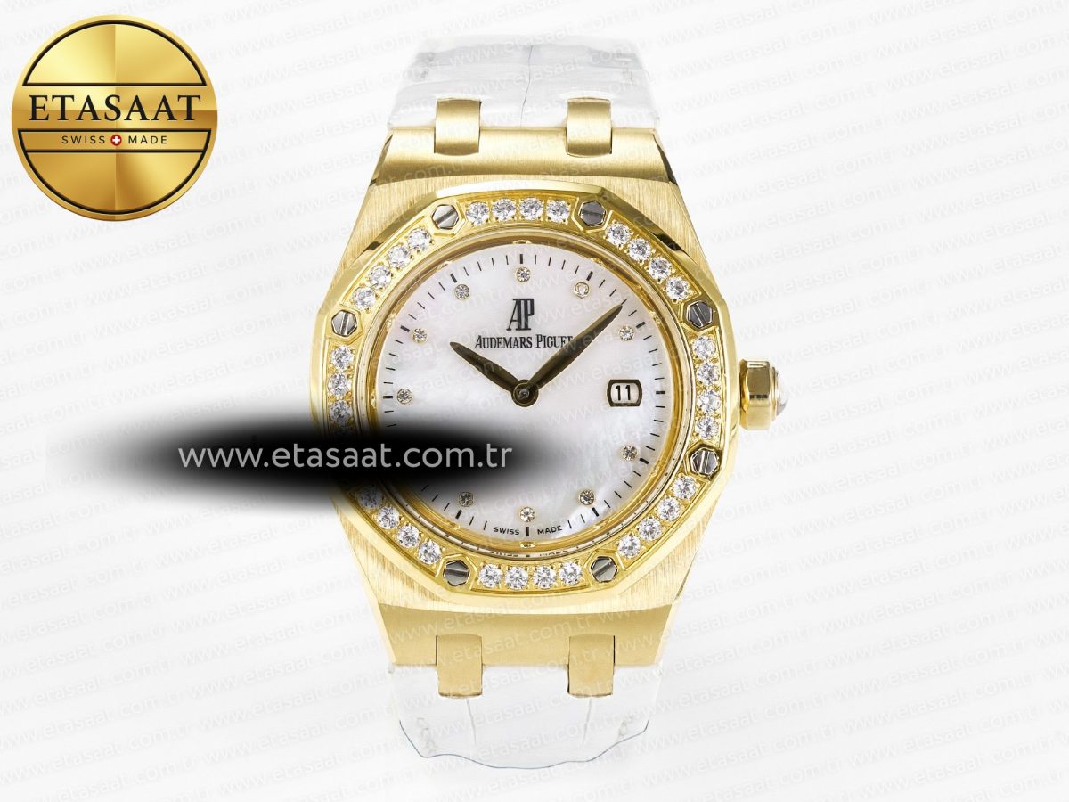 Audemars Piguet Royal Oak Ladies 33mm YG DRF Best Edition MOP Dial Diamonds Bezel on White Rubber Strap ETA Quartz - Görsel 3