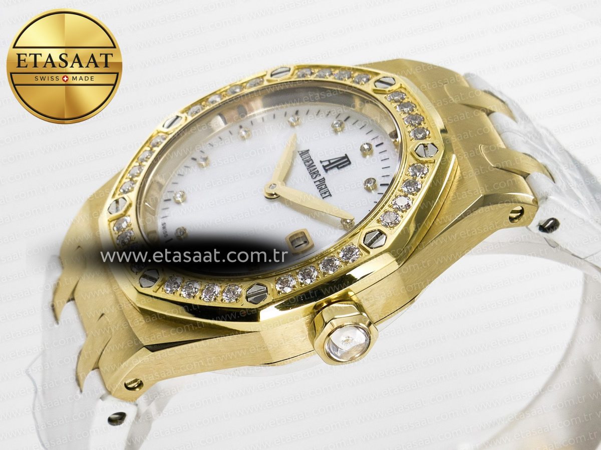 Audemars Piguet Royal Oak Ladies 33mm YG DRF Best Edition MOP Dial Diamonds Bezel on White Rubber Strap ETA Quartz - Görsel 6