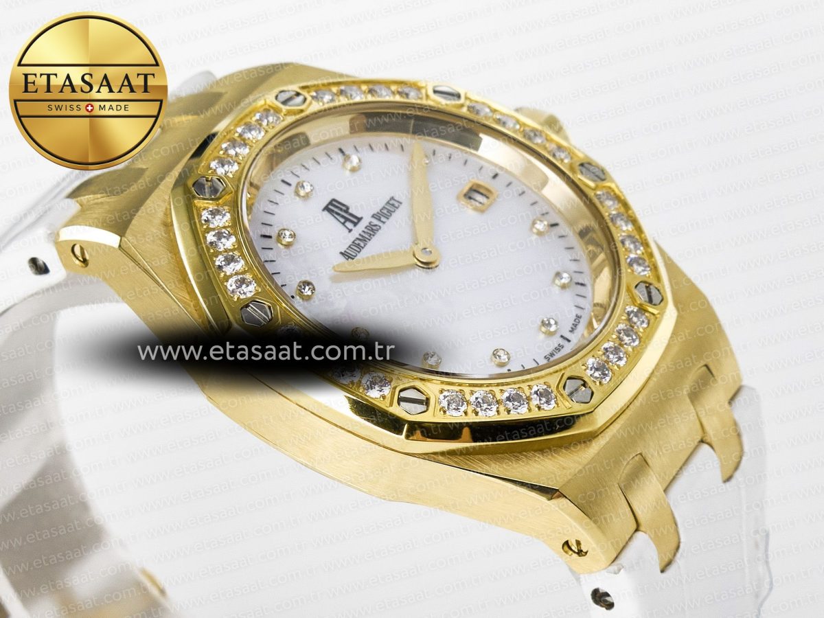 Audemars Piguet Royal Oak Ladies 33mm YG DRF Best Edition MOP Dial Diamonds Bezel on White Rubber Strap ETA Quartz - Görsel 7