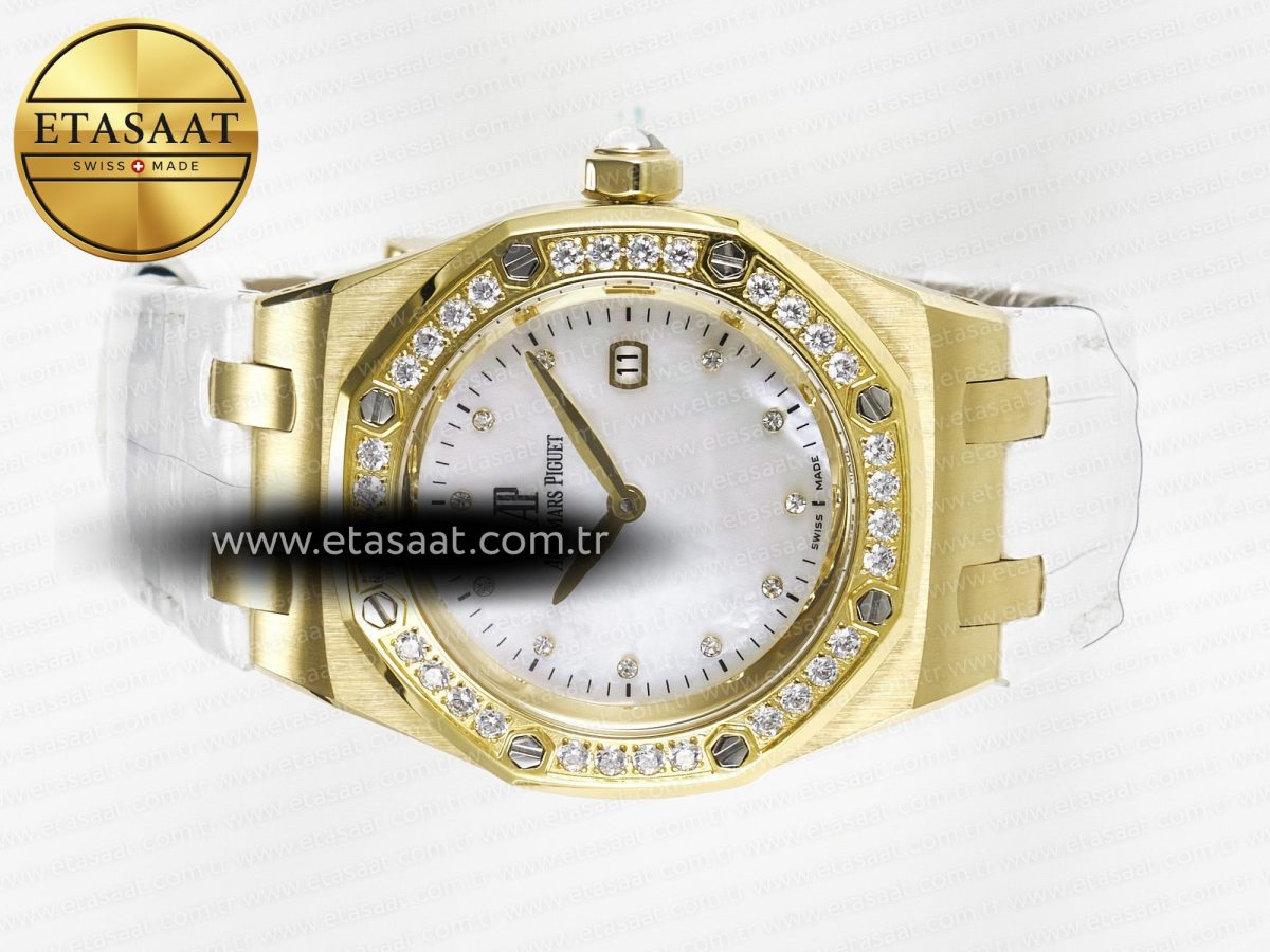 Audemars Piguet Royal Oak Ladies 33mm YG DRF Best Edition MOP Dial Diamonds Bezel on White Rubber Strap ETA Quartz - Görsel 9