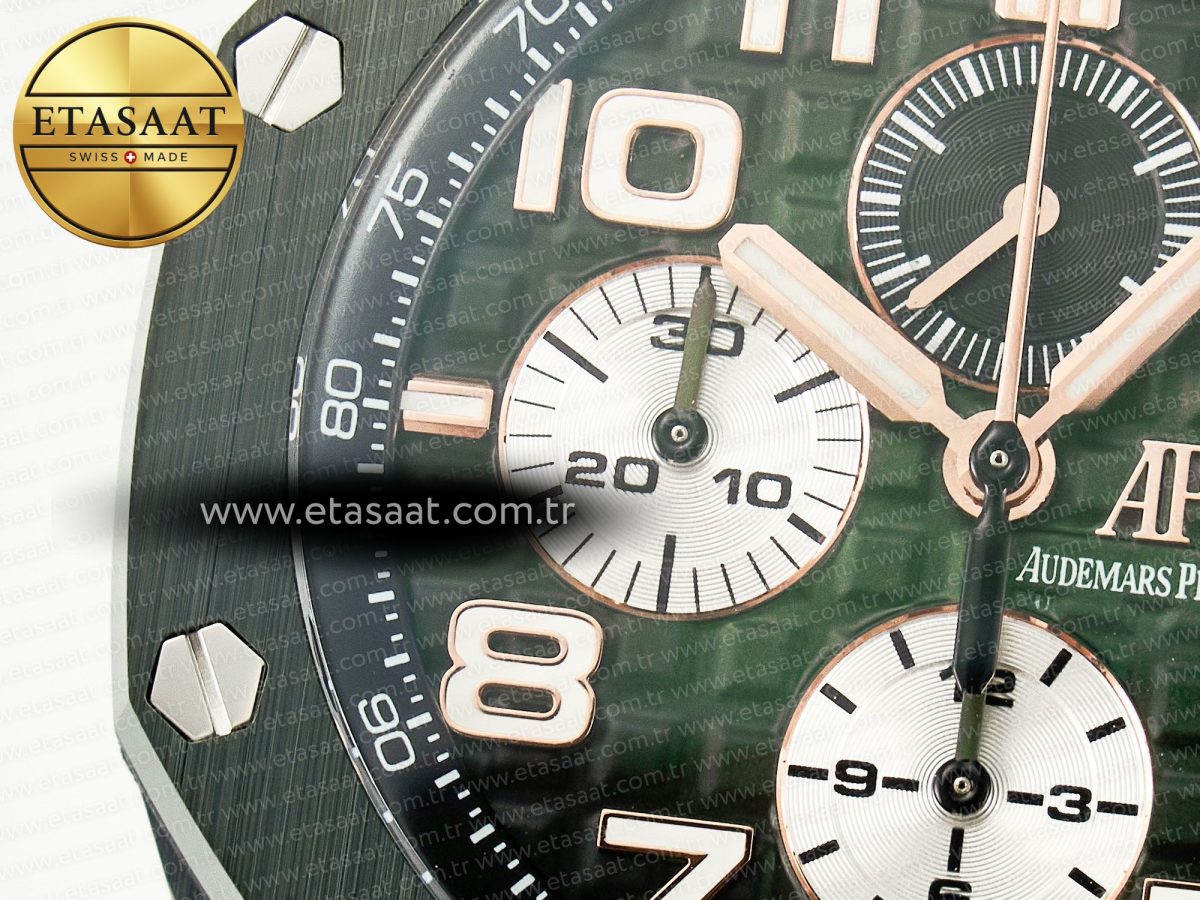 Audemars Piguet Royal Oak Offshore 44mm Black Ceramic TKF 1:1 Best Edition Green Dial on Green Rubber Strap A3126 - Görsel 10