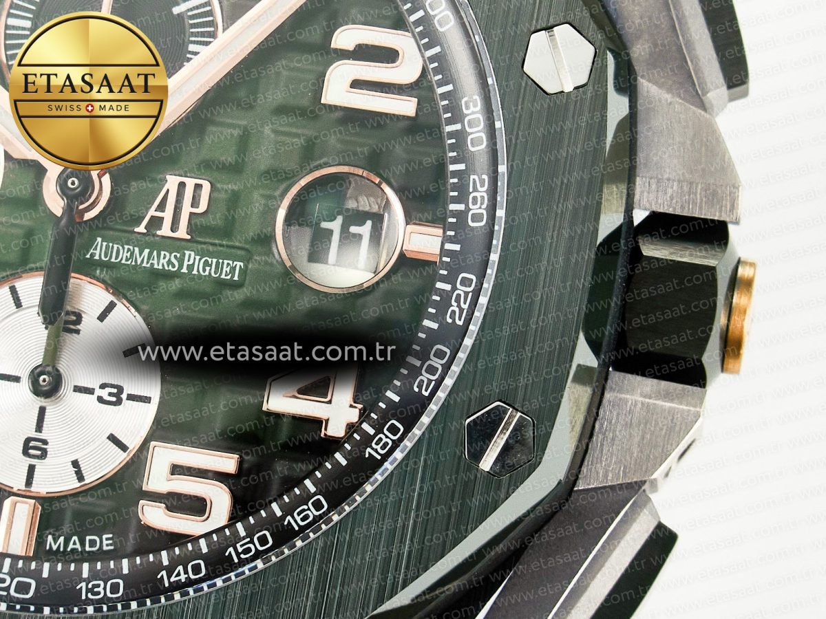 Audemars Piguet Royal Oak Offshore 44mm Black Ceramic TKF 1:1 Best Edition Green Dial on Green Rubber Strap A3126 - Görsel 12