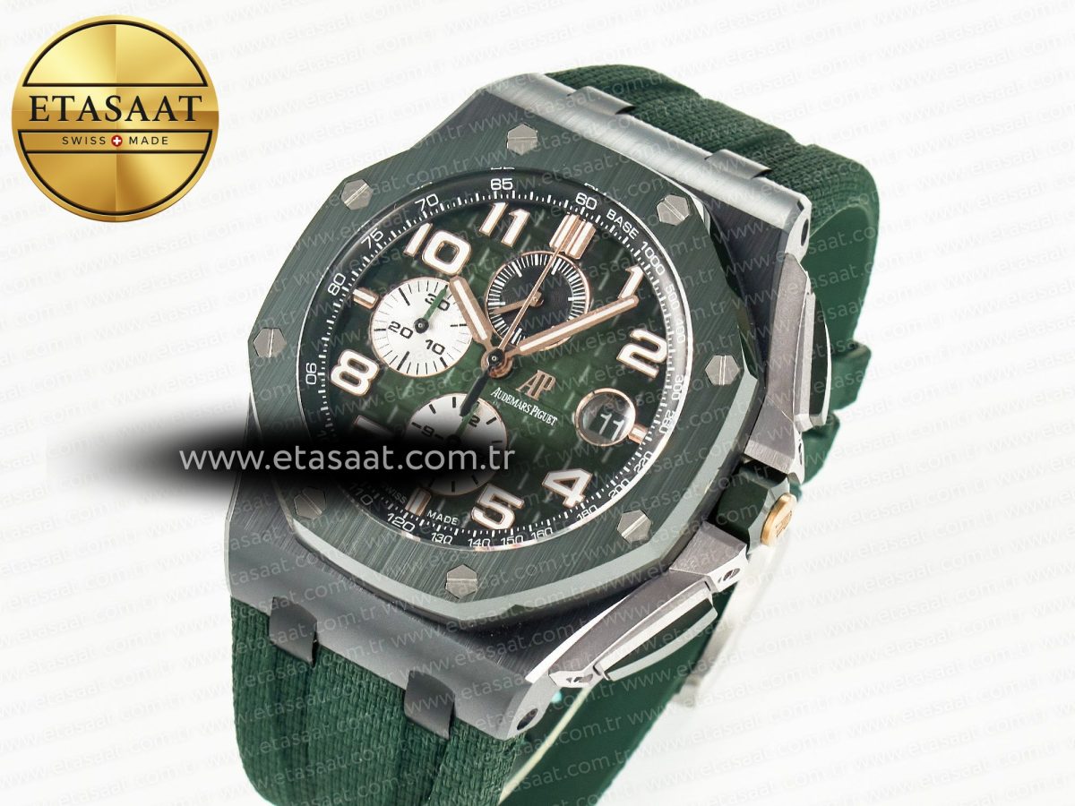 Audemars Piguet Royal Oak Offshore 44mm Black Ceramic TKF 1:1 Best Edition Green Dial on Green Rubber Strap A3126 - Görsel 2