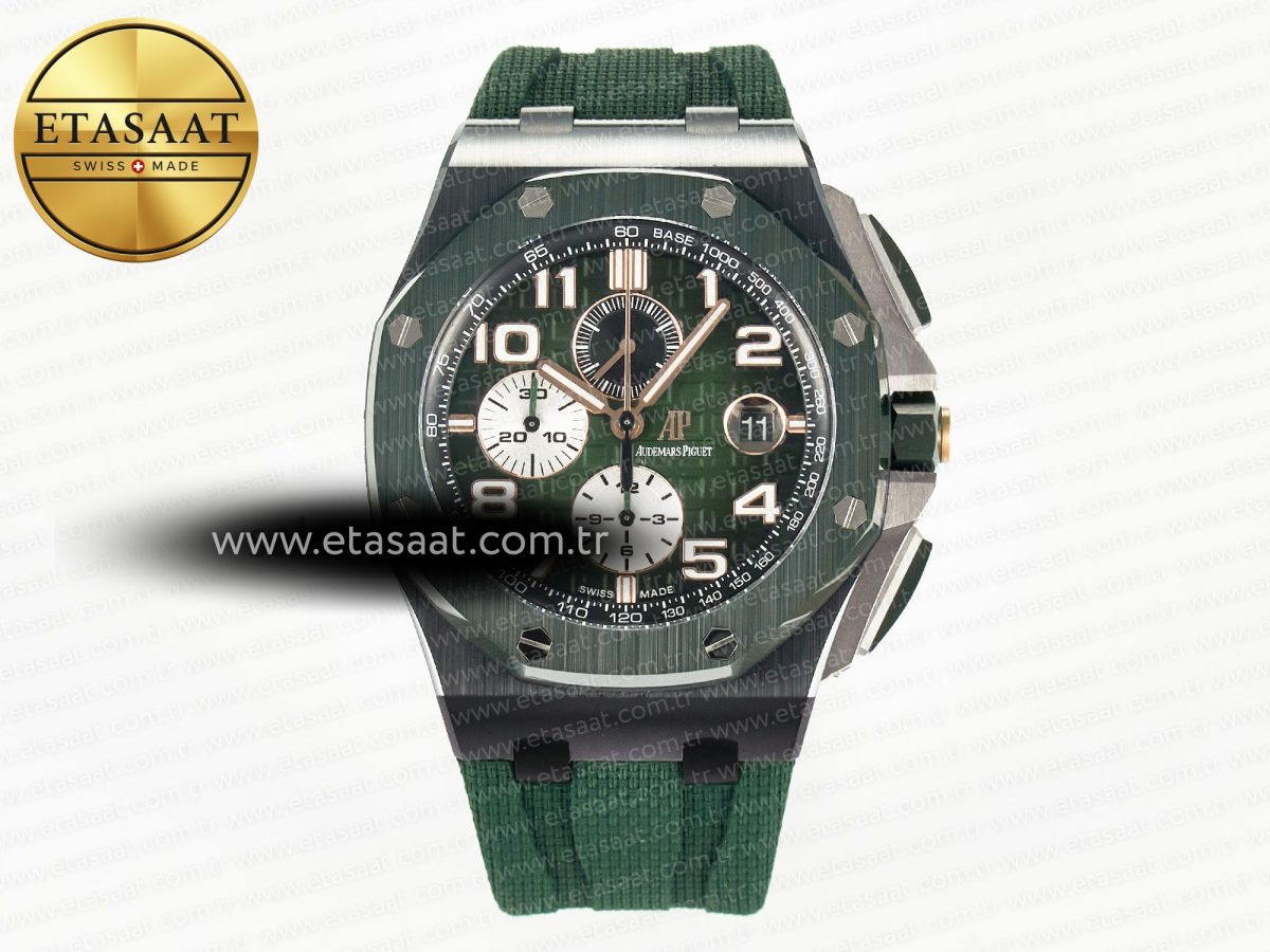 Audemars Piguet Royal Oak Offshore 44mm Black Ceramic TKF 1:1 Best Edition Green Dial on Green Rubber Strap A3126 - Görsel 3