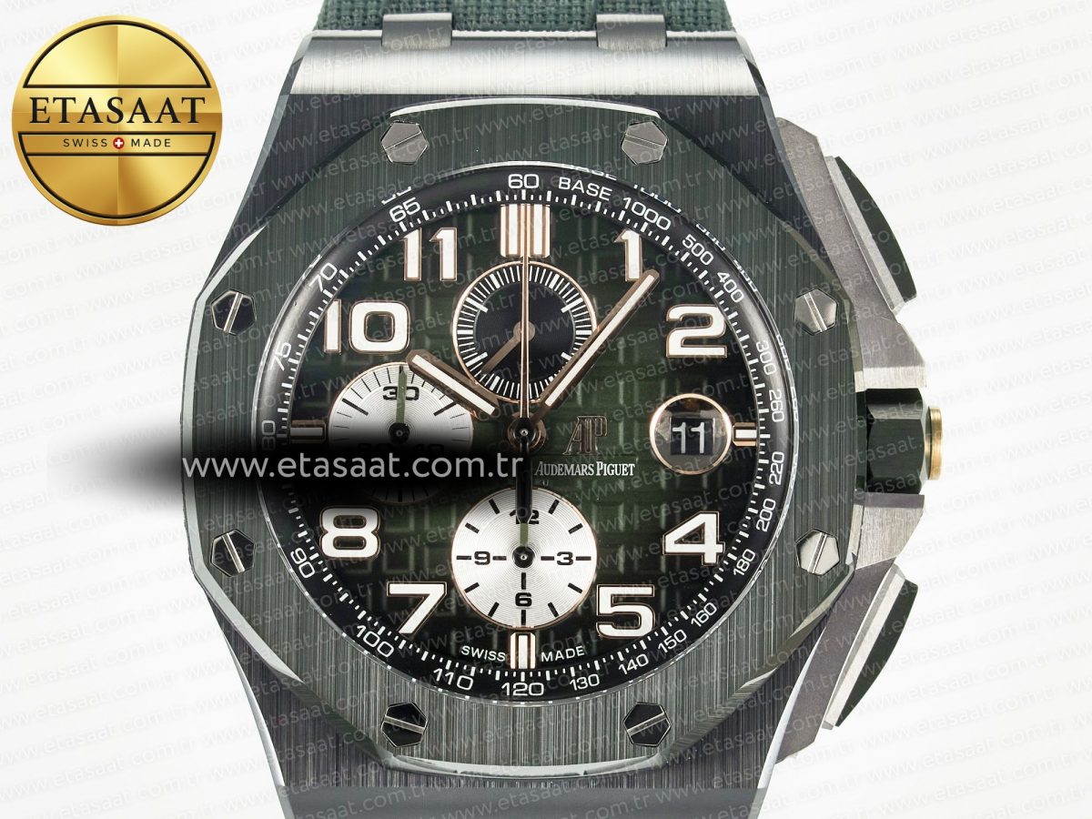 Audemars Piguet Royal Oak Offshore 44mm Black Ceramic TKF 1:1 Best Edition Green Dial on Green Rubber Strap A3126 - Görsel 4