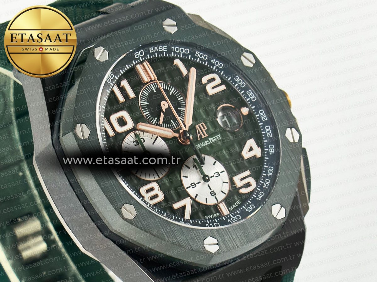 Audemars Piguet Royal Oak Offshore 44mm Black Ceramic TKF 1:1 Best Edition Green Dial on Green Rubber Strap A3126 - Görsel 5