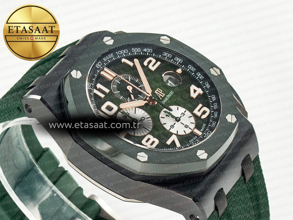Audemars Piguet Royal Oak Offshore 44mm Black Ceramic TKF 1:1 Best Edition Green Dial on Green Rubber Strap A3126 - Görsel 7