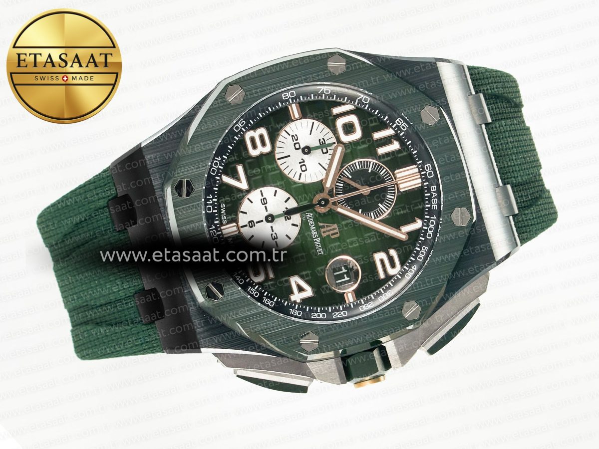 Audemars Piguet Royal Oak Offshore 44mm Black Ceramic TKF 1:1 Best Edition Green Dial on Green Rubber Strap A3126 - Görsel 8