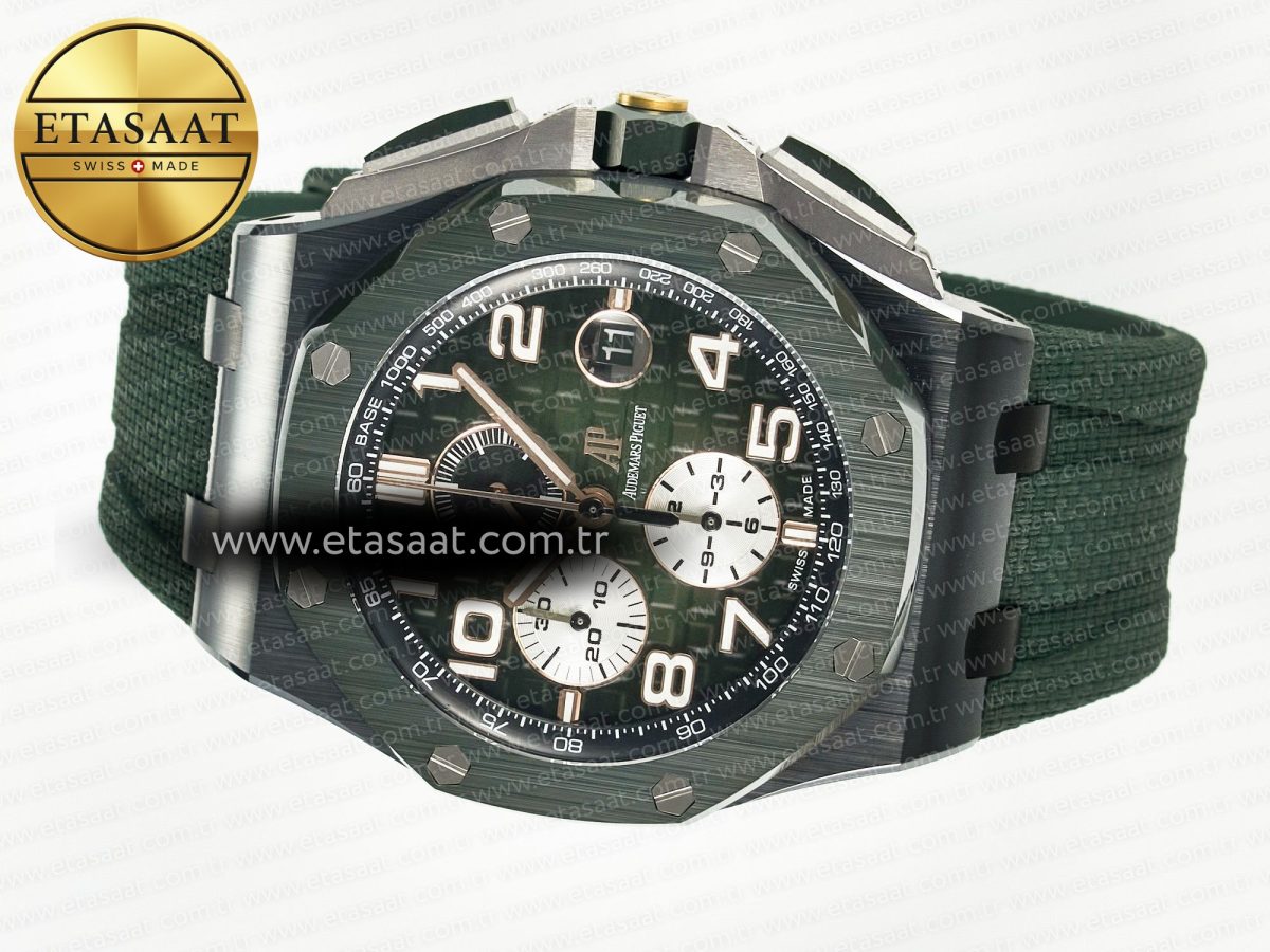 Audemars Piguet Royal Oak Offshore 44mm Black Ceramic TKF 1:1 Best Edition Green Dial on Green Rubber Strap A3126 - Görsel 9