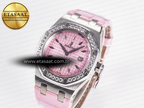 royal oak offshore ladies 33mm ss drf best edition pink dial diamonds bezel on pink leather strap eta quartz1 Audemars Piguet Royal Oak Offshore Ladies 33mm SS DRF