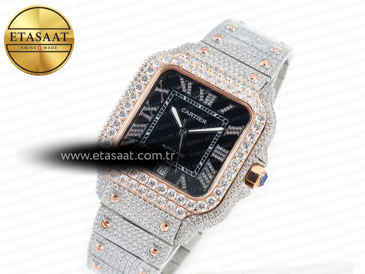 Cartier Santos De 40mm TWF 1:1 Best Edition Black Diamond Dial SS/RG Dia/Rmn A2824 - Görsel 2