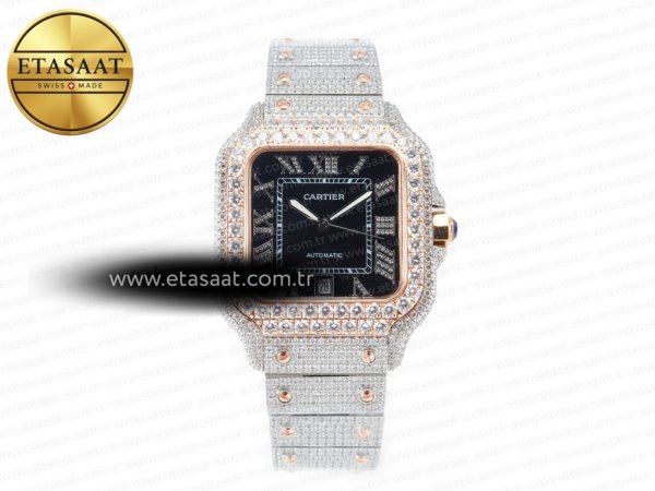 Cartier Santos De 40mm Twf Siyah Pırlantalı Kadran A2824 S2 Eta Saat - 1:1 Süper Klon Replika Saat