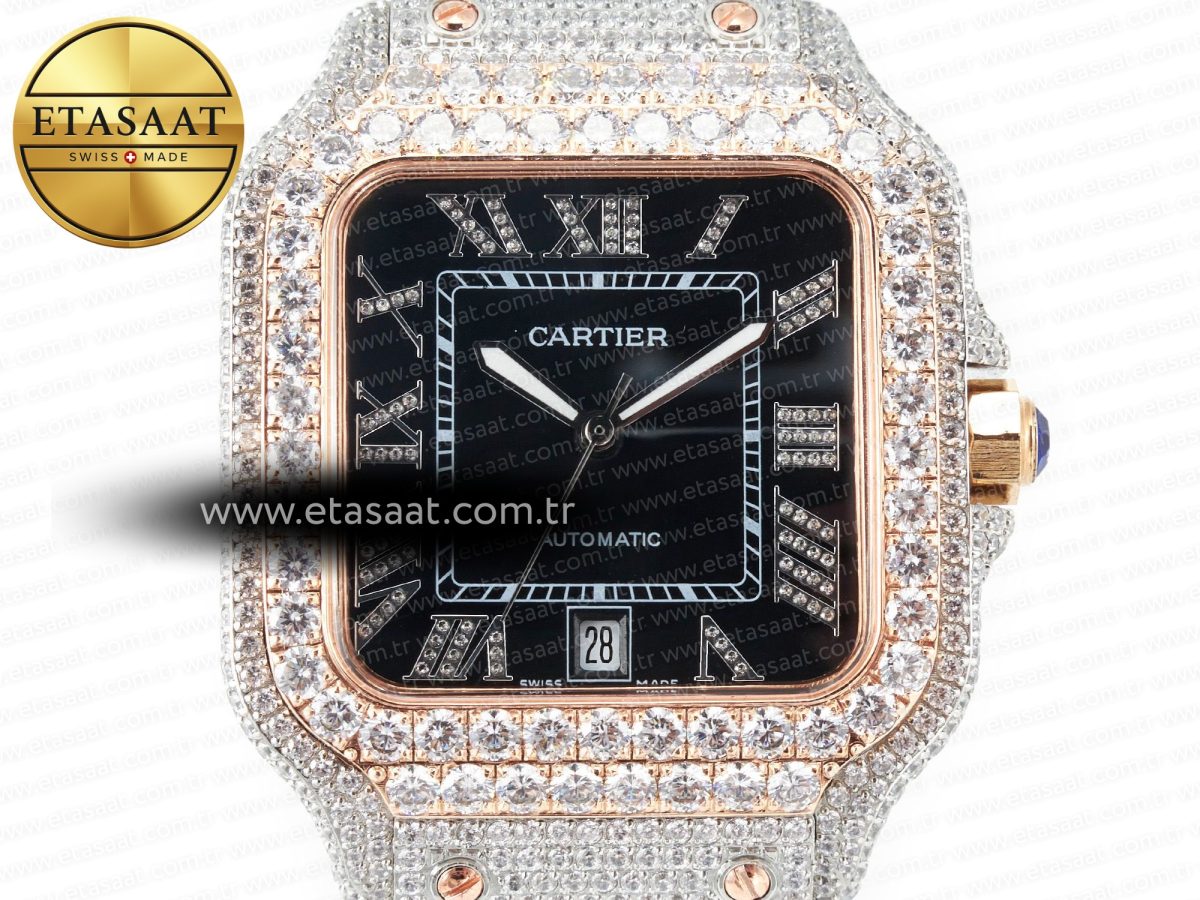 Cartier Santos De 40mm TWF 1:1 Best Edition Black Diamond Dial SS/RG Dia/Rmn A2824 - Görsel 4