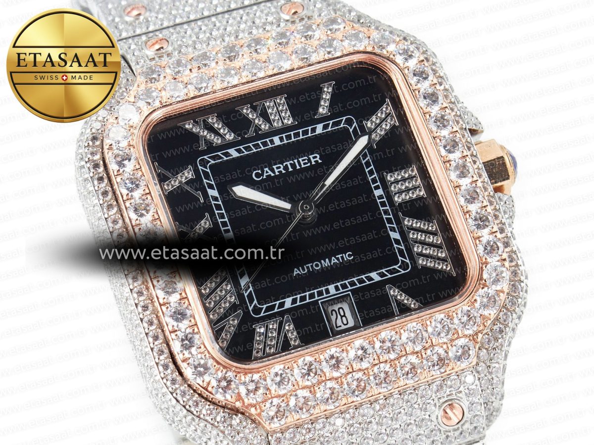Cartier Santos De 40mm TWF 1:1 Best Edition Black Diamond Dial SS/RG Dia/Rmn A2824 - Görsel 5