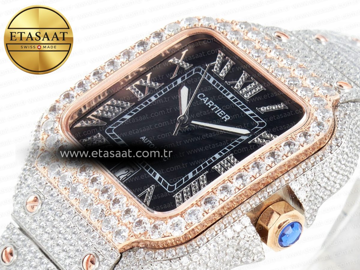 Cartier Santos De 40mm TWF 1:1 Best Edition Black Diamond Dial SS/RG Dia/Rmn A2824 - Görsel 6