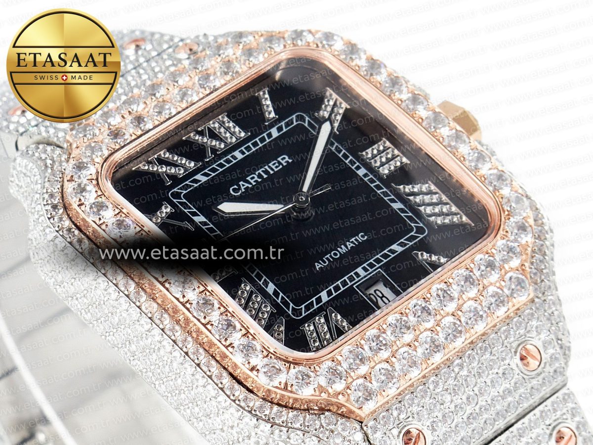 Cartier Santos De 40mm TWF 1:1 Best Edition Black Diamond Dial SS/RG Dia/Rmn A2824 - Görsel 7