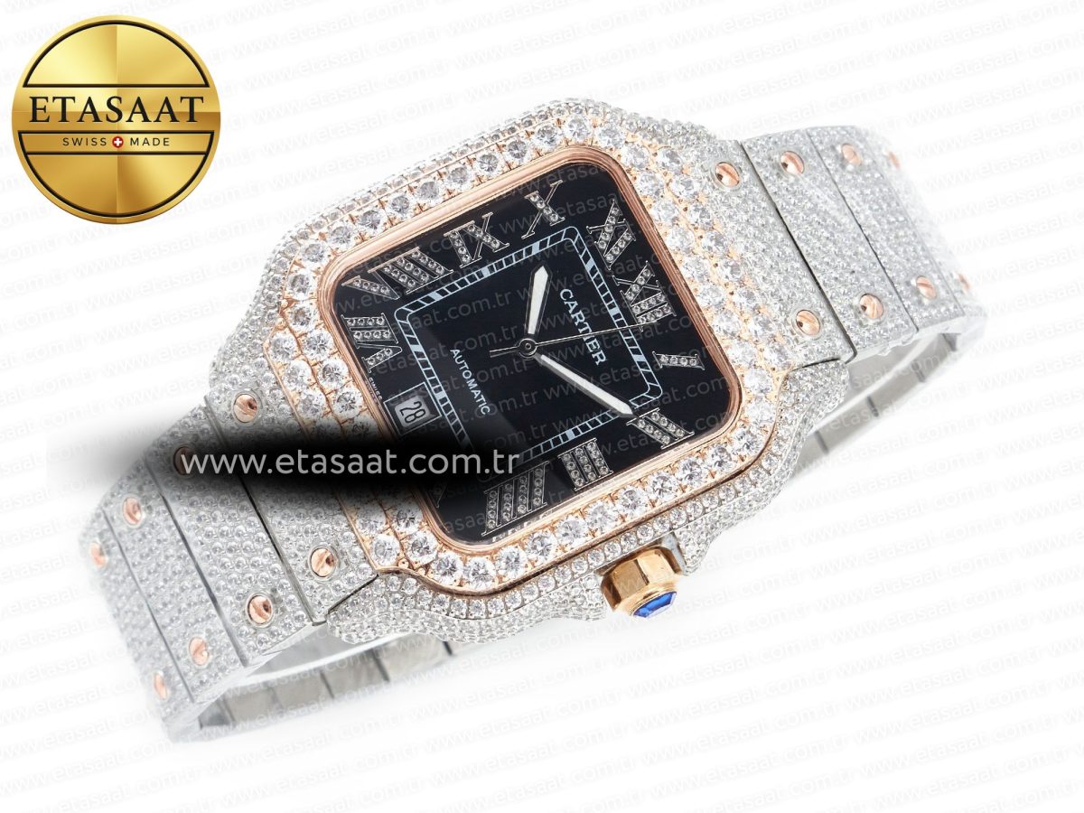 Cartier Santos De 40mm TWF 1:1 Best Edition Black Diamond Dial SS/RG Dia/Rmn A2824 - Görsel 8