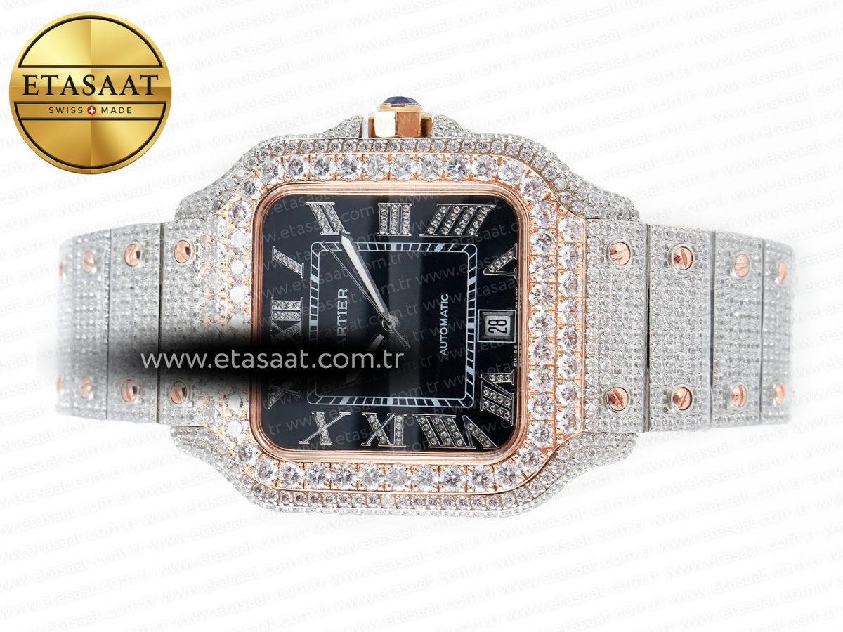 Cartier Santos De 40mm TWF 1:1 Best Edition Black Diamond Dial SS/RG Dia/Rmn A2824 - Görsel 9